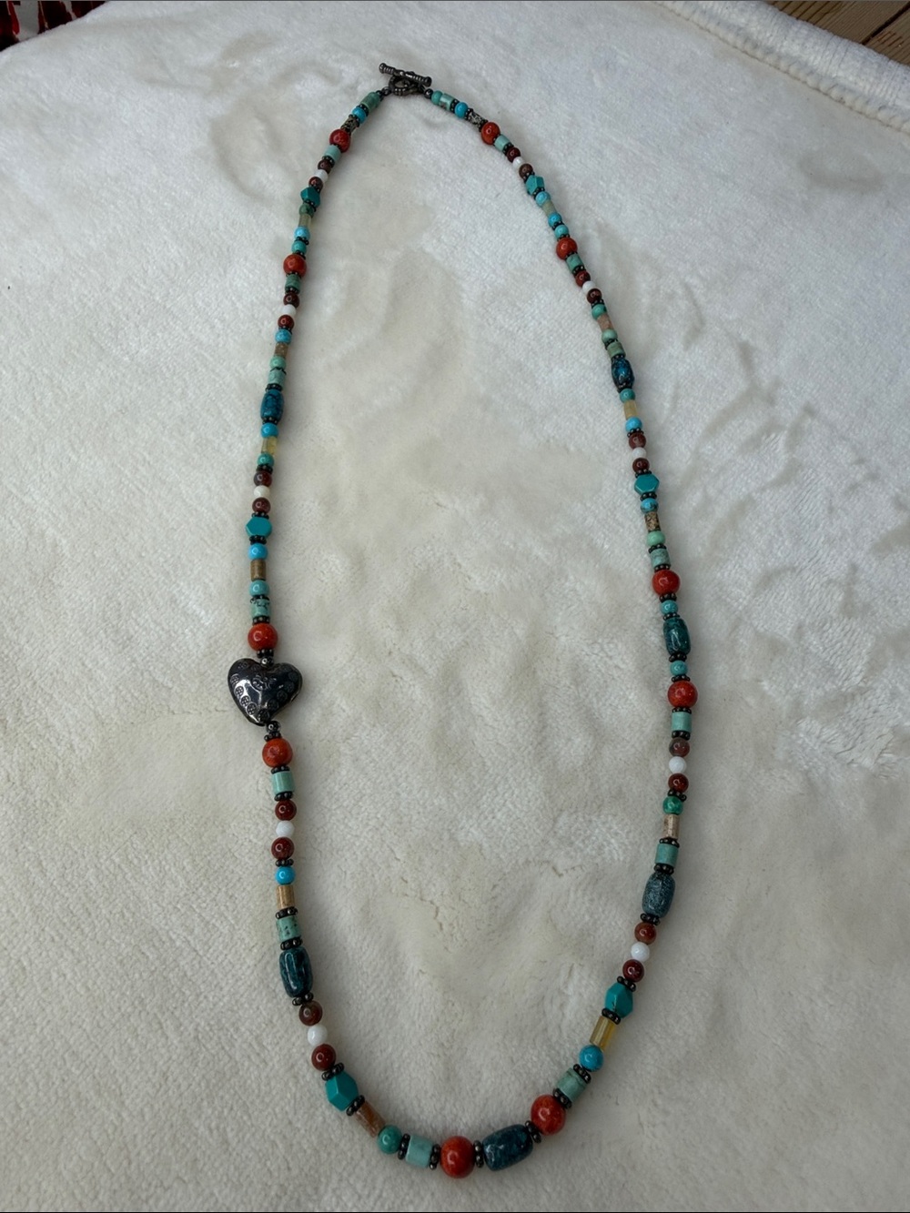 Handmade Turquoise & Coral Beaded Heart Necklace - Women Jewelry
